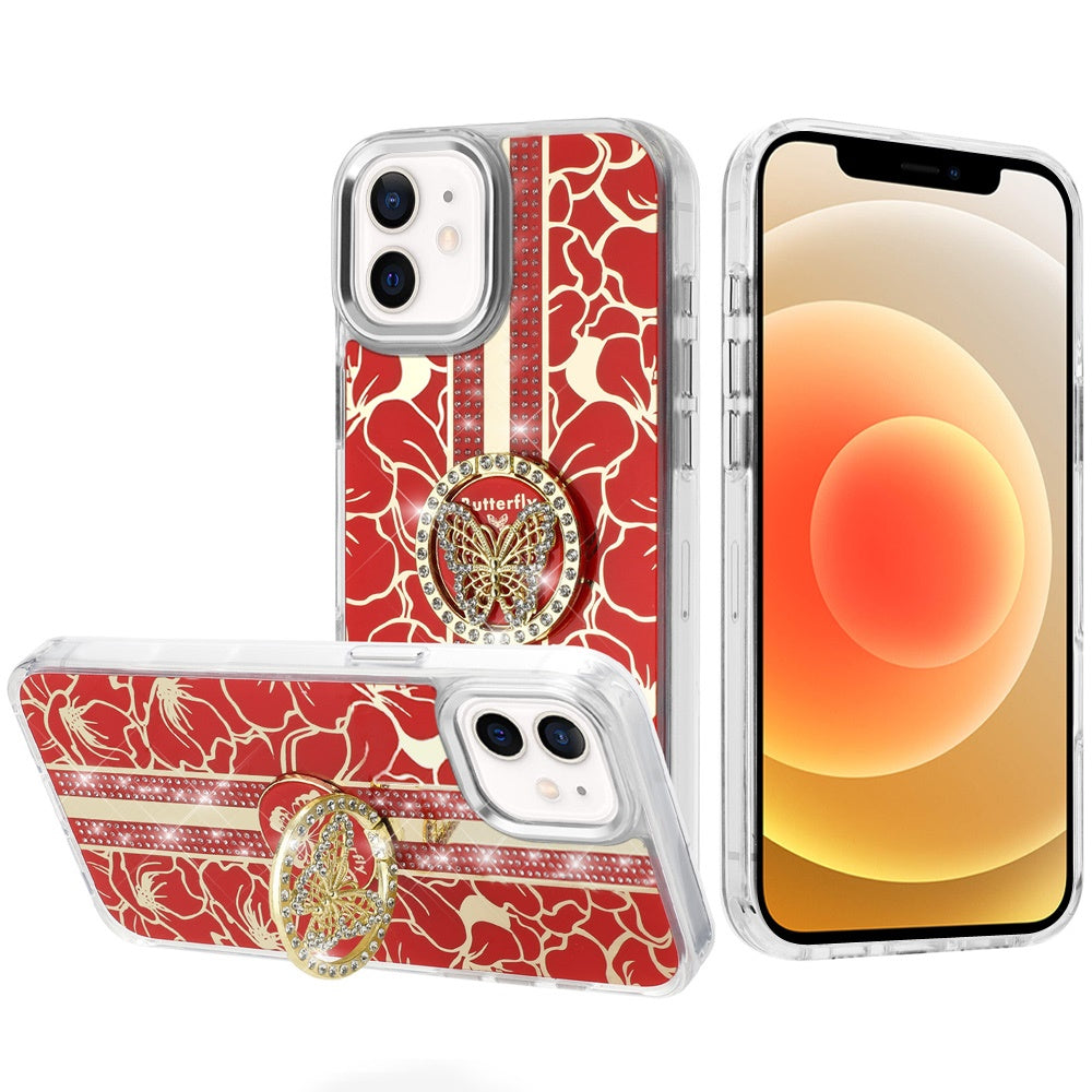 For Motorola Moto G 5G /Moto G 2025 Diamonds 3D Butterfly Floral Design Bling Sparkly Glitter Hybrid Metal Fashion with Ring Stand Case Cover