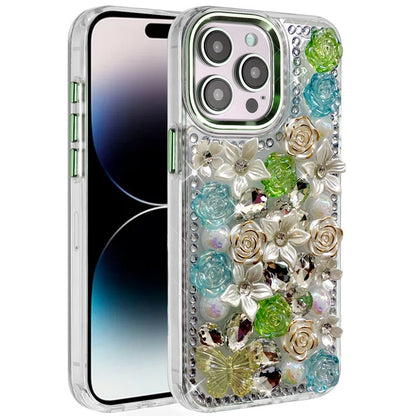 For iPhone 14 Pro Max (6.7") 3D Diamond Floral Roses Flower Bling Stone Hybrid, Sparkly Rhinestone Gemstone Back Shockproof Case Cover Green