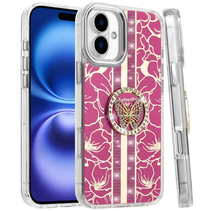 For Apple iPhone 17 (6.3") Diamonds 3D Butterfly Floral Design Bling Sparkly Glitter Hybrid Metal Fashion with Ring Stand Case Cover