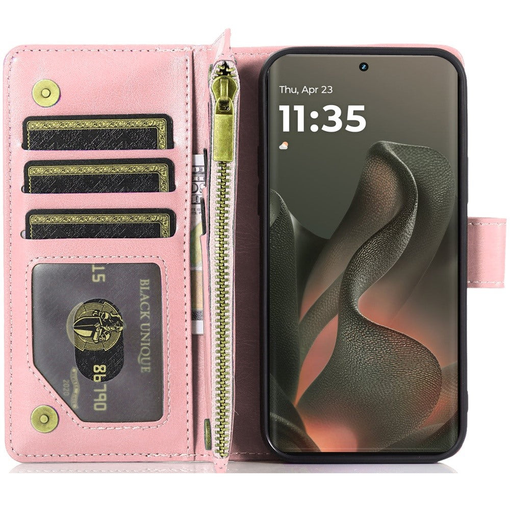 For Motorola Edge 2025 Leather Wallet Case with Zipper, 9 Card Slots, Cash Pocket, Stand & Strap, Clutch Pouch Design Case Cover Rose Gold