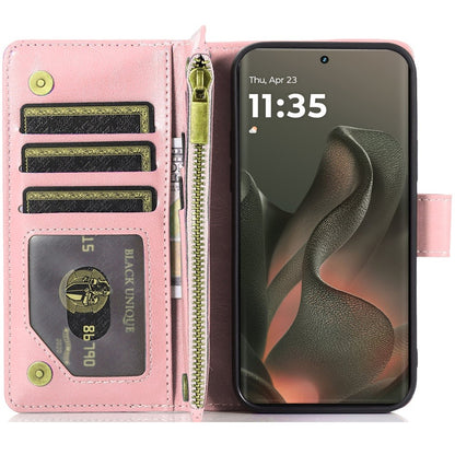 For Motorola Edge 2025 Leather Wallet Case with Zipper, 9 Card Slots, Cash Pocket, Stand & Strap, Clutch Pouch Design Case Cover Rose Gold