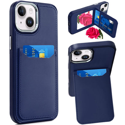 For Apple iPhone 16 (6.1") PU Leather Wallet Cover with Credit Card Holder, Kickstand & Mirror Inside Slim Fit TPU & PC Hybrid Design Case Cover