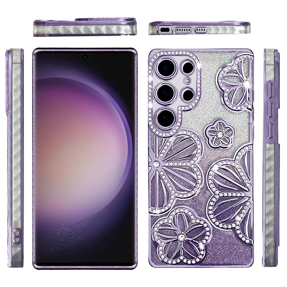 For Samsung Galaxy S23 Ultra Luxury Flower Design Sparkle Glitter Diamond Rhinestone Shimmer Bling Plating Thick TPU Hard PC Case Cover