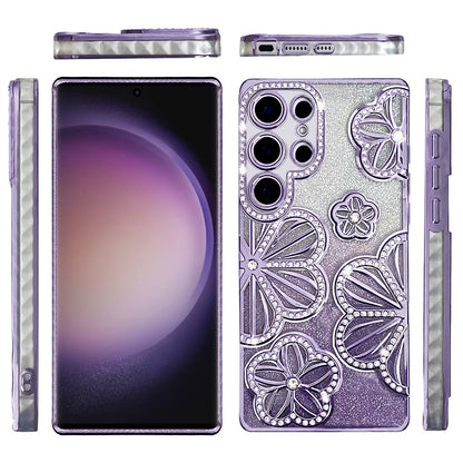 For Samsung Galaxy S23 Ultra Luxury Flower Design Sparkle Glitter Diamond Rhinestone Shimmer Bling Plating Thick TPU Hard PC Case Cover