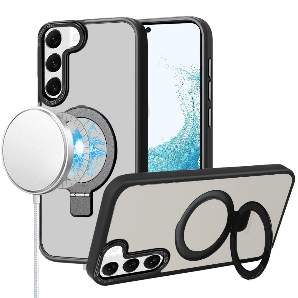 Phone Case for Samsung Galaxy S22 Metal Chrome Magnetic Circle Kickstand Shockproof Matching Camera Protector Durable Grip Hybrid Armor Cover Black