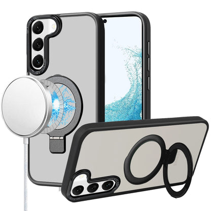 Phone Case for Samsung Galaxy S22 Metal Chrome Magnetic Circle Kickstand Shockproof Matching Camera Protector Durable Grip Hybrid Armor Cover Black