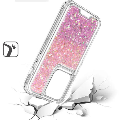 For Samsung Galaxy S24 Epoxy Bling Glitter Sparkly 3-in-1 Transparent Hybrid Full-Body Shockproof PC Bumper Case Cover Pink + Light Blue