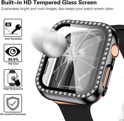 For Apple Watch Size 46mm Luxury Bling Cover Diamond Electroplate Rhinestone Bumper Protective Frame with Tempered Glass Screen Protector Case Cover