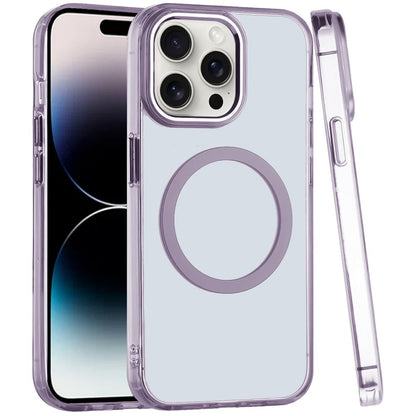 For iPhone 14 Pro Max (6.7") Transparent Back Hybrid Case - Magnetic Circle, Color Frame, Metal Buttons, MagSafe Compatible Case Cover