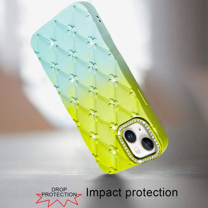 For iPhone 14/13 (6.1") Fashion Flower Design Sparkle Glitter Shimmer Rhinestone Bling Floral Accents, Leather Texture TPU Case Cover Light Green/Teal