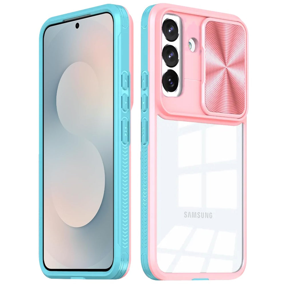For Samsung Galaxy S25 Plus /S25+ /S24/Plus Hybrid Cases with Sliding Camera Cover Transparent Shockproof Bumper TPU Protective Case Cover Pink/Blue