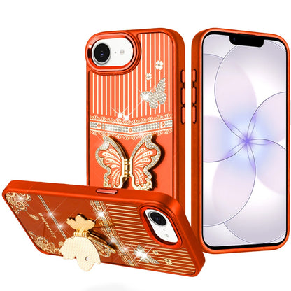 Phone Case for Apple iPhone 17E /16E Glitter Bling Butterfly Stand Metallic Edge Hybrid Shockproof Grip Durable Camera Protection Stylish Design Cover Cosmic Orange