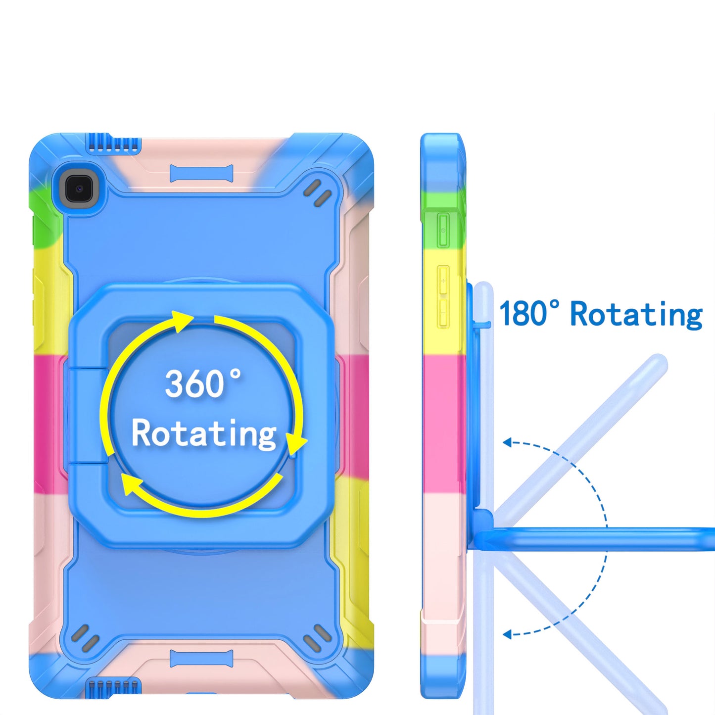 For Tough Hybrid 3 in 1 Case with 180° Rotating Kickstand, Adjustable Shoulder Strap, Shockproof TPU Rubber PC Rainbow /Blue Tablet Case Cover