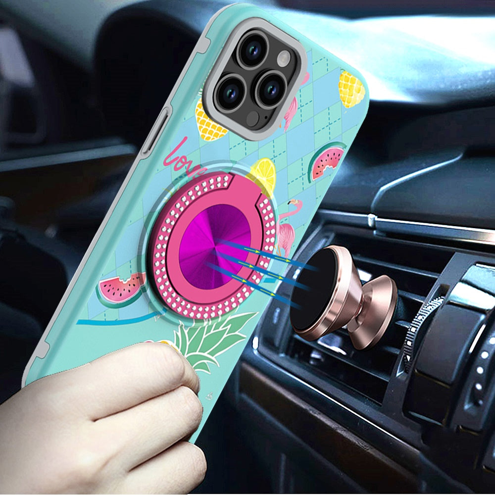 For Apple iPhone 11 Pro Max Pattern Design Hybrid with Invisible Ring Stand & Magnetic Back, Shockproof Protective Grip Case Cover Summer Blossom Flowers