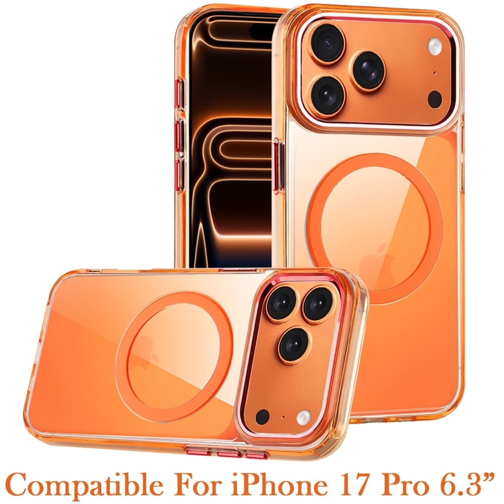 For Apple iPhone 17 Pro (6.3") Transparent Back Hybrid Case - Magnetic Circle, Color Frame, Metal Buttons, MagSafe Compatible Case Cover