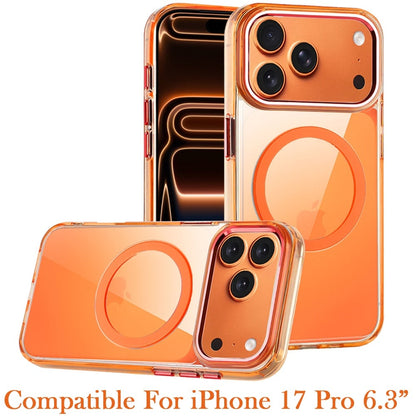 For Apple iPhone 17 Pro (6.3") Transparent Back Hybrid Case - Magnetic Circle, Color Frame, Metal Buttons, MagSafe Compatible Case Cover