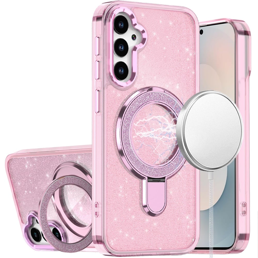 Phone Case for Samsung Galaxy S25 FE, S25 Fan Edition Transparent Glitter Bling Magnetic Ring Stand Shockproof Anti Slip Rotating Grip Protective Hybrid Durable Armor Cover Light Pink