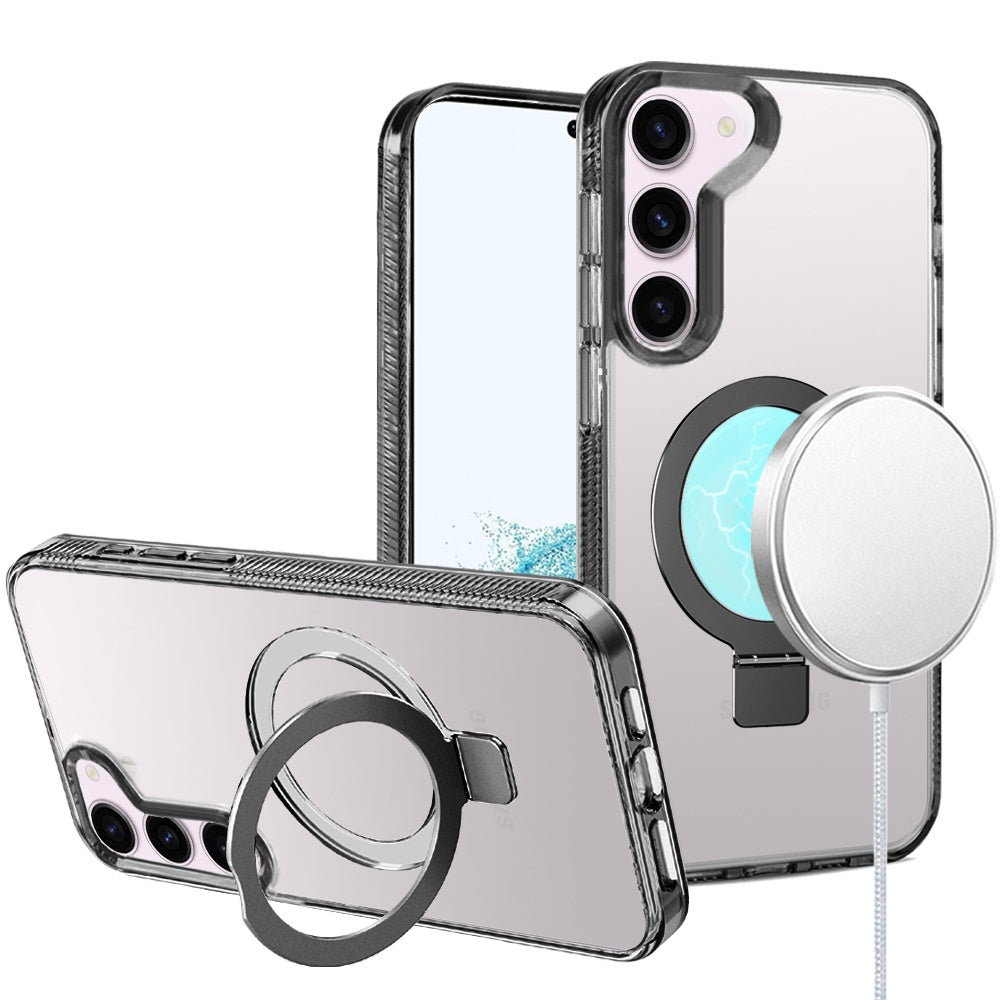 For Samsung Galaxy S22+ Plus 5G Transparent Magnetic Ring Circle Stand with MagSafe Compatible Hybrid Dotted Edged Hard PC Shockproof Case Cover Black