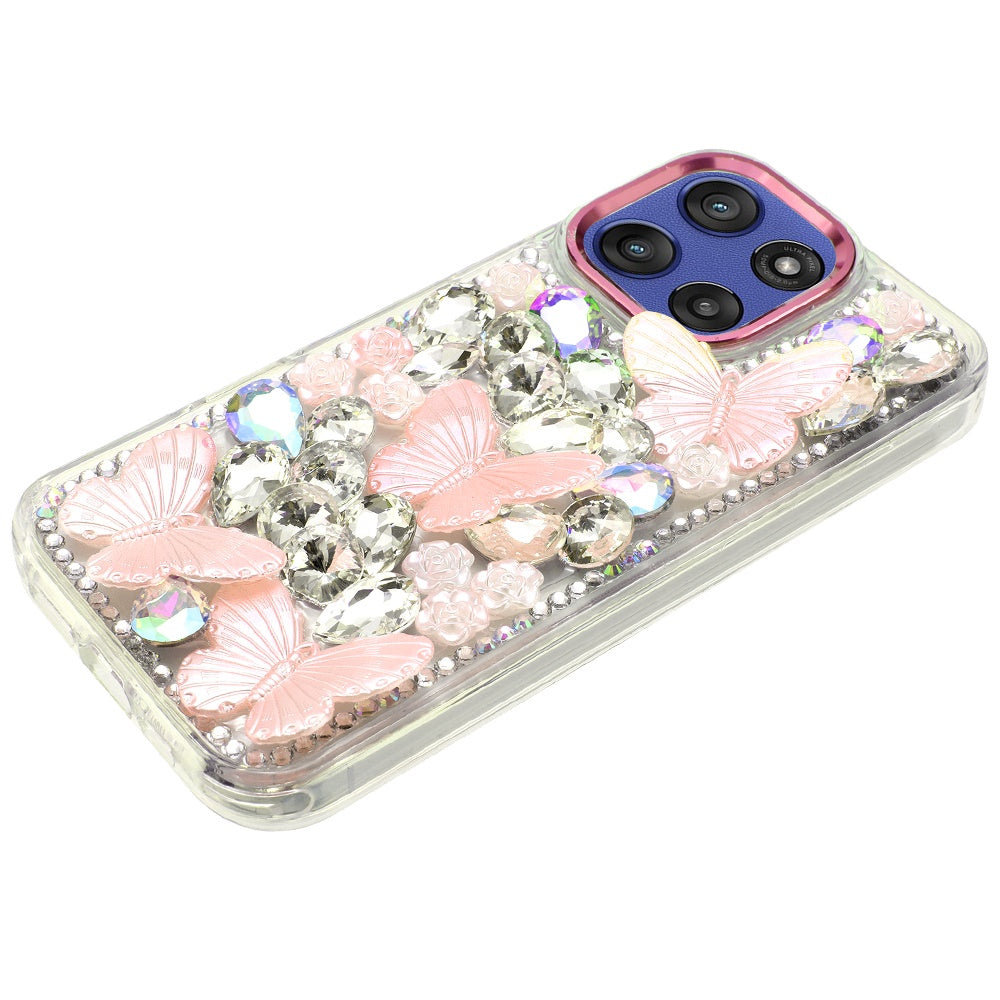 For Motorola Moto G Power 5G 2025 3D Diamond Floral Butterfly Bling Stone Hybrid, Sparkly Rhinestone Gemstone Back Shockproof Case Cover