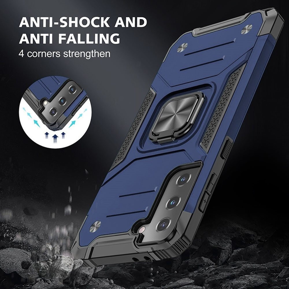 For Samsung Galaxy S21 FE /Fan Edition Armor Hybrid Magnetic Stand with Ring Holder Kickstand Shockproof Heavy-Duty Durable Rugged TPU Dual Layer Case Cover Blue
