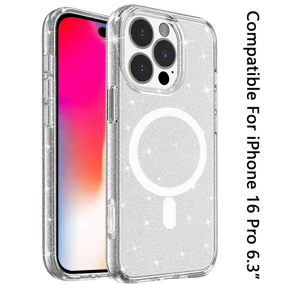 For Apple iPhone 16 Pro (6.3") MagSafe Compatible Glitter Shiny Sparkle Bling TPU Rubber Hard PC Back Hybrid Frame Case Cover