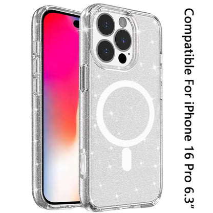 For Apple iPhone 16 Pro (6.3") MagSafe Compatible Glitter Shiny Sparkle Bling TPU Rubber Hard PC Back Hybrid Frame Case Cover