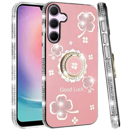For Samsung Galaxy A26 Diamonds Bling All Around Edges Sparkly Glitter Hybrid with Ring Stand Holder Fashion Good Luck Case Cover