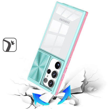 For Samsung Galaxy S25 Ultra Hybrid Cases with Sliding Camera Cover Transparent Shockproof Bumper TPU Protective Case Cover Pink/Blue