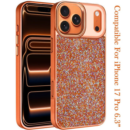 Phone Case for Apple iPhone 17 Pro Crystal Glass Bling Diamond Metallic Edge Shockproof Durable Protective Clear Hybrid Stylish Premium Design Cover Cosmic Orange