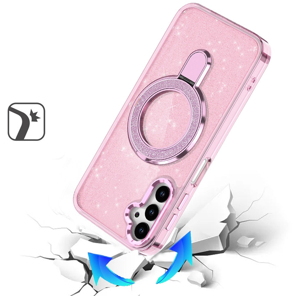 For Samsung Galaxy S25 Ultra Transparent Glitter Bling Case with Rotating Magnetic Ring Stand, Shockproof Hybrid Case Cover