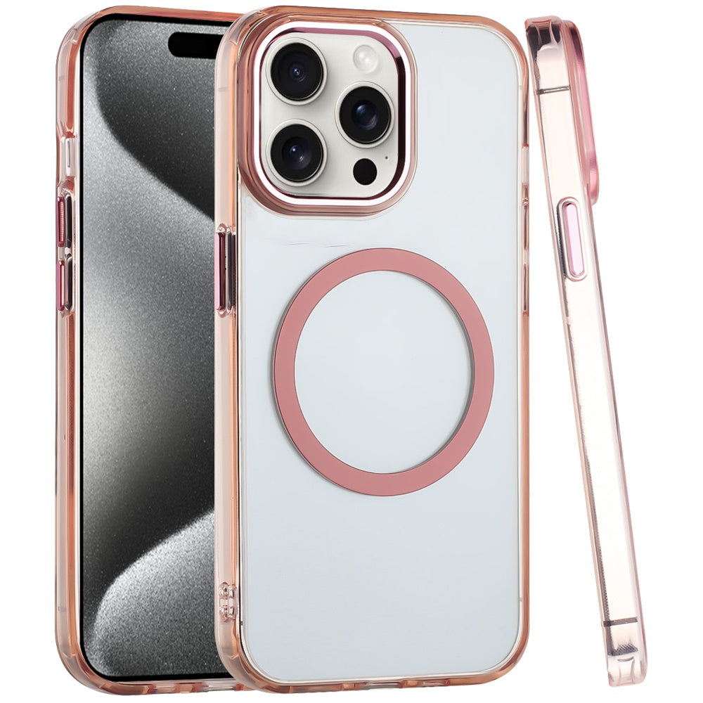 For Apple iPhone 13 Pro Max Transparent Back Hybrid Case - Magnetic Circle, Color Frame, Metal Buttons, MagSafe Compatible Case Cover