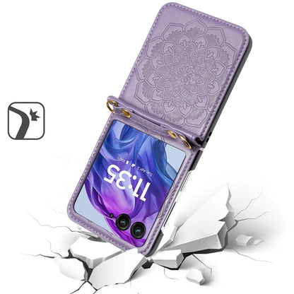 For Motorola Razr+ PLUS (2025 /2024) Embossed Floral PU Leather Henna Mandala Design Flip Cover with Strap, Hybrid Protective Case Cover