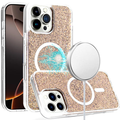 For Apple iPhone 16 Pro Max (6.9") Magnetic MagSafe Wireless Compatible Epoxy Glitter Shiny Sparkle Bling Hybrid Slim PC + TPU Frame Case Cover