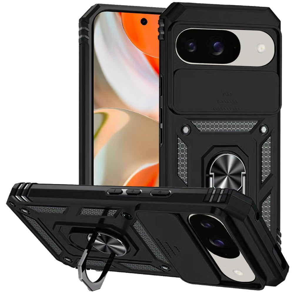 For Google Pixel 9 Pro XL (6.8") Shockproof Edge Bumper with Stand, Camera Lens Protection & 360° Rotate Ring Kickstand Case Cover