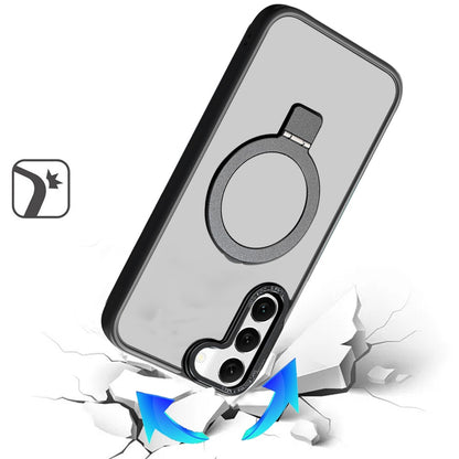 Phone Case for Samsung Galaxy S22 Metal Chrome Magnetic Circle Kickstand Shockproof Matching Camera Protector Durable Grip Hybrid Armor Cover Black