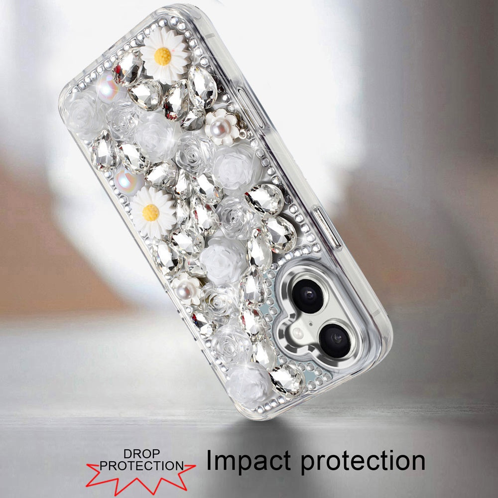For Apple iPhone 17 (6.3") Fashion Daisy Floral Series, Full 3D Bling Crystal Diamonds Sparkling Rhinestone Glitter Hybrid Design Case Cover