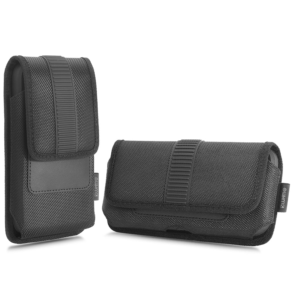 For Apple iPhone 16 Pro (6.3") Universal Vertical Nylon Phone Case Carrying Pouch Cover with Card Storage Pocket & Belt Clip Loop Holster Front Grip [Black]