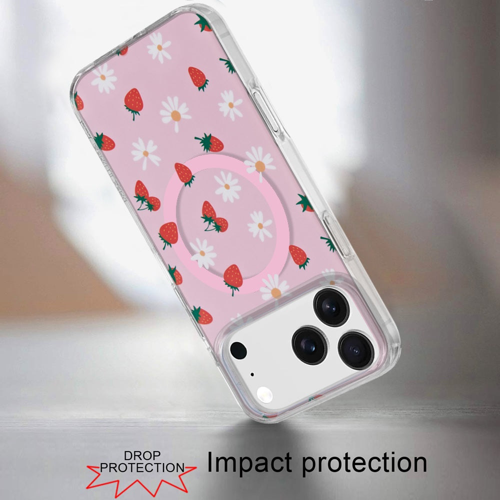 For Apple iPhone 17 Pro Max Stylish Pattern Fashion IMD Printed Design TPU Double Layer Slim Shockproof with Magnetic Back Case Cover Strawberry Daisy