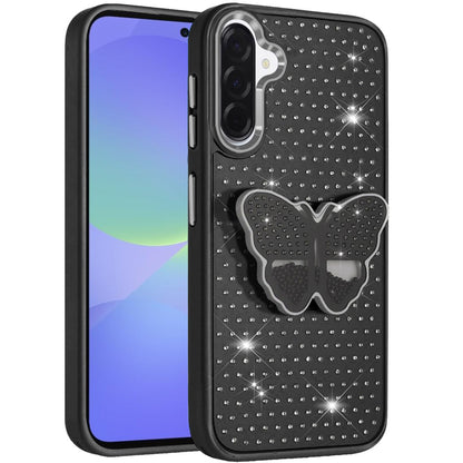 For Samsung Galaxy A37 Butterfly Moveable Grip 3D Pop Stand Full Diamond Bling Sparkling TPU Fashion Hybrid Case Cover