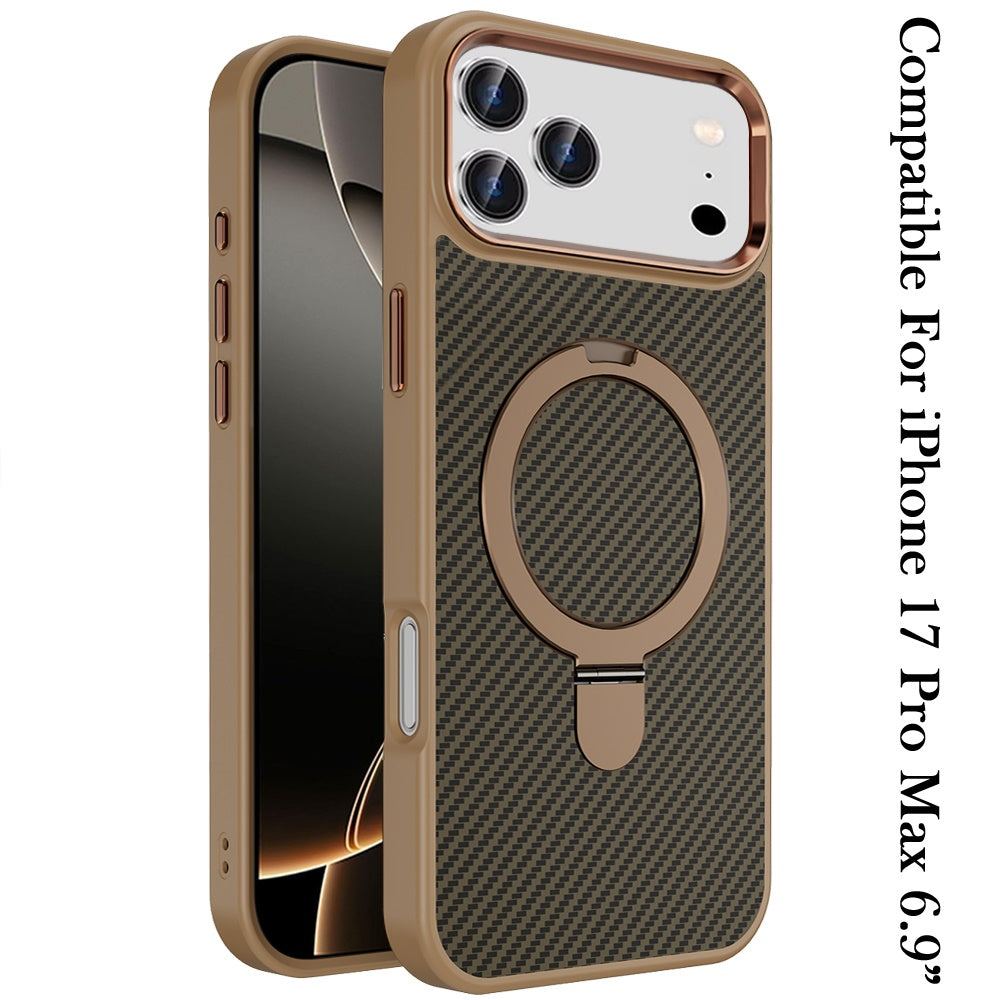 For Apple iPhone 17 Pro Max (6.9") Hybrid Carbon Fiber Design with MagSafe Compatible [Magnetic Circle], Ring Stand Shockproof Slim TPU Case Cover Black