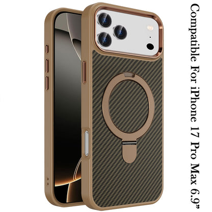 For Apple iPhone 17 Pro Max (6.9") Hybrid Carbon Fiber Design with MagSafe Compatible [Magnetic Circle], Ring Stand Shockproof Slim TPU Case Cover Black