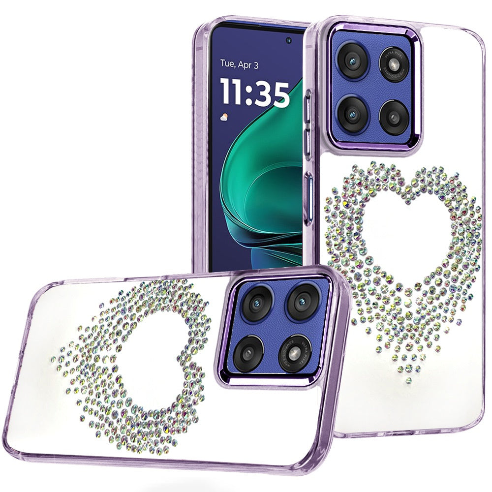 For Motorola Moto G Play 5G 2026 Angel Hearts Bling Glitter Diamond Hybrid TPU Cover, Colorful Frame Shockproof Protective Back Case Cover Purple