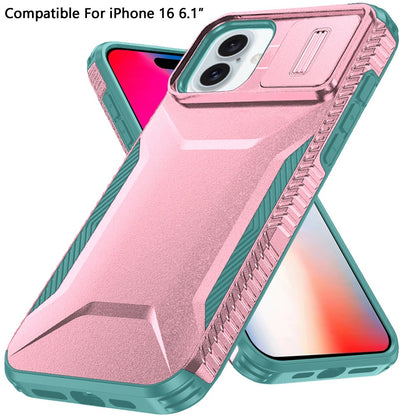 For iPhone 16 (6.1") Slim Fit Shockproof Hybrid with Slide Camera Window Covering, Rugged Tpu Silicone Hard PC Bumper Case Cover Pink-Teal