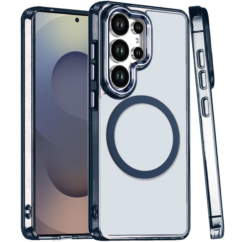 For Samsung Galaxy S25 Ultra Transparent Back Hybrid Case - Magnetic Circle, Color Frame, Metal Buttons, MagSafe Compatible Case Cover