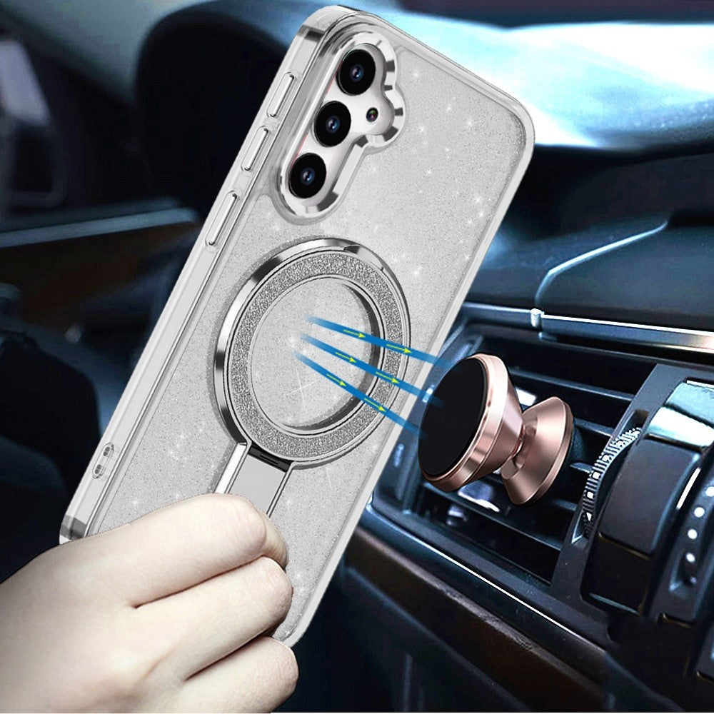 For Samsung Galaxy S26 Transparent Glitter Bling Case with Rotating Magnetic Ring Stand, Shockproof Hybrid Case Cover