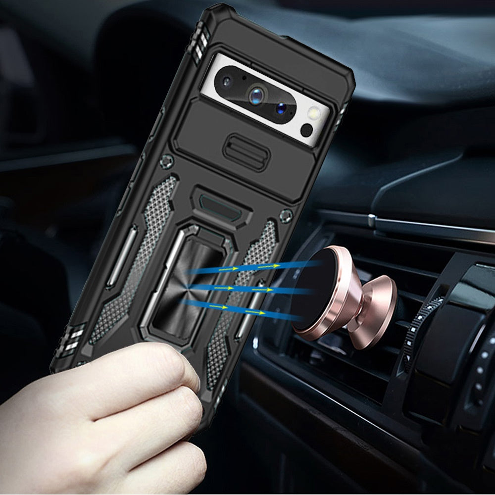 For Google Pixel 9 Pro XL Tough Hybrid Case with Movable Camera Window & Metal Ring Stand Shockproof Case Cover