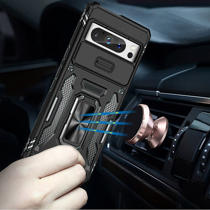 For Google Pixel 9 Pro XL Tough Hybrid Case with Movable Camera Window & Metal Ring Stand Shockproof Case Cover