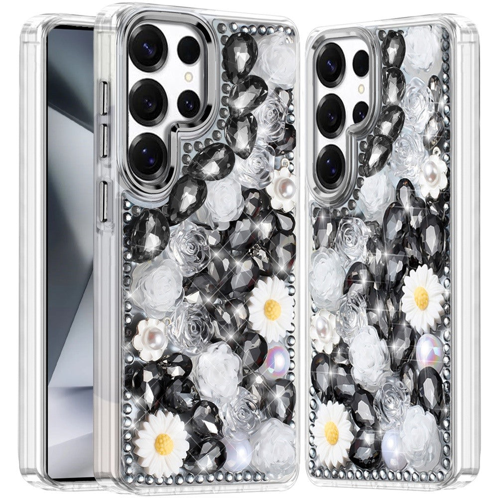For Apple iPhone 13 Pro Max Fashion Daisy Floral Series, Full 3D Bling Crystal Diamonds Sparkling Rhinestone Glitter Hybrid Design Case Cover Black