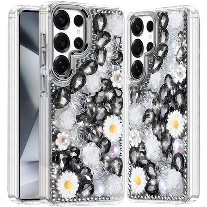 For Apple iPhone 13 Pro Max Fashion Daisy Floral Series, Full 3D Bling Crystal Diamonds Sparkling Rhinestone Glitter Hybrid Design Case Cover Black