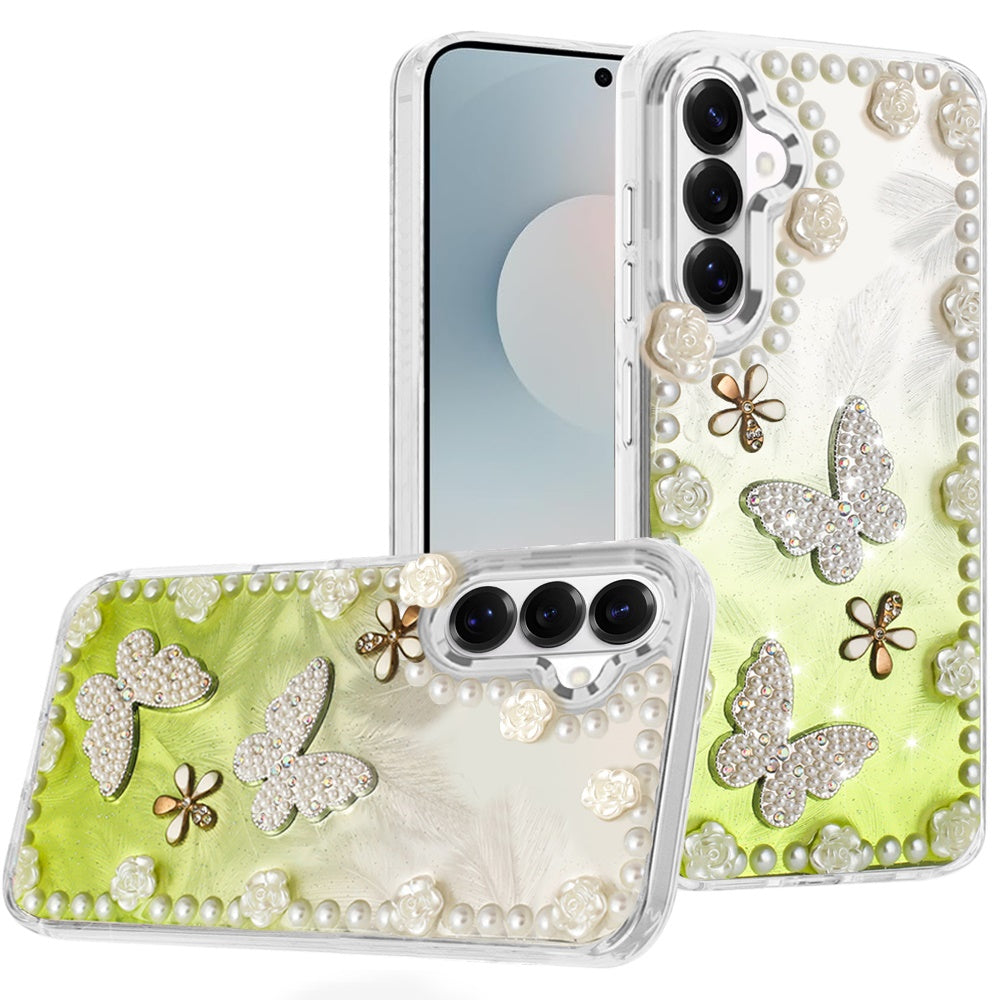 For Samsung Galaxy S26 Bling Fashion Design with 3D Pearls Epoxy Glitter Ornaments Chrome Edge Hard Slim PC Case Cover